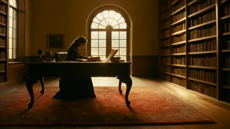 Lector solitario en una biblioteca en penumbra