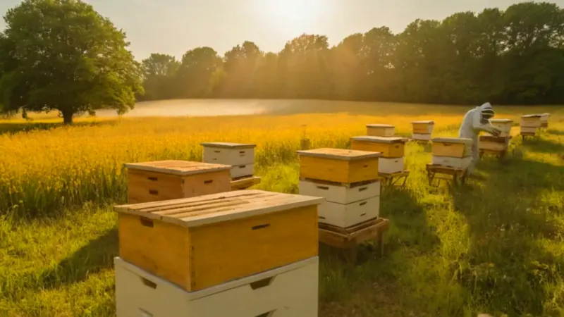 Un apicultor cuida sus abejas al sol
