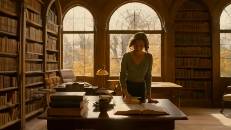 Mujer lee concentrada en la biblioteca