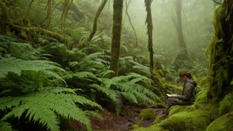 Un explorador observa una criatura en la selva