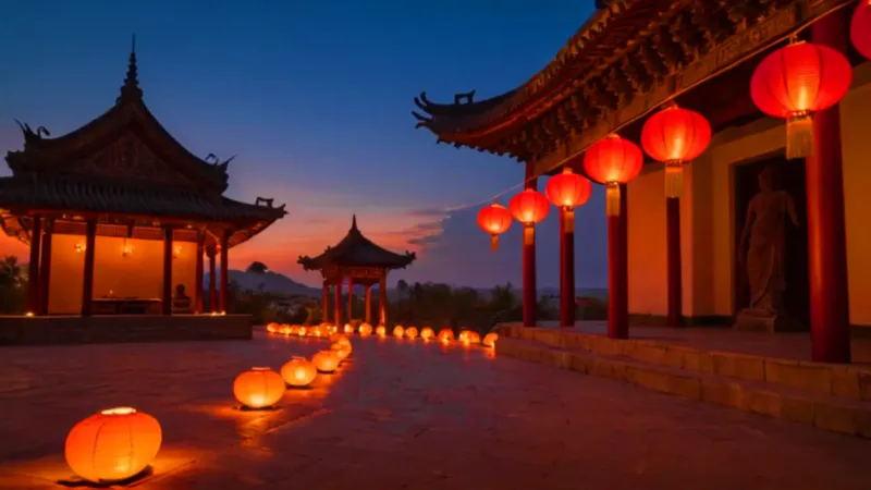 Templo iluminado por farolillos al anochecer
