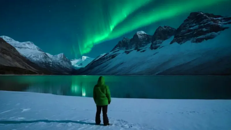 Figura solitaria contempla la aurora boreal