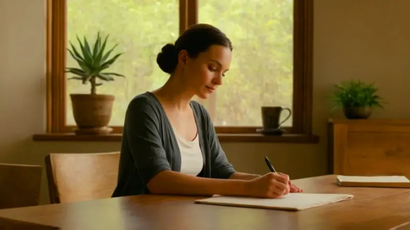 Mujer escribiendo en un escritorio iluminado