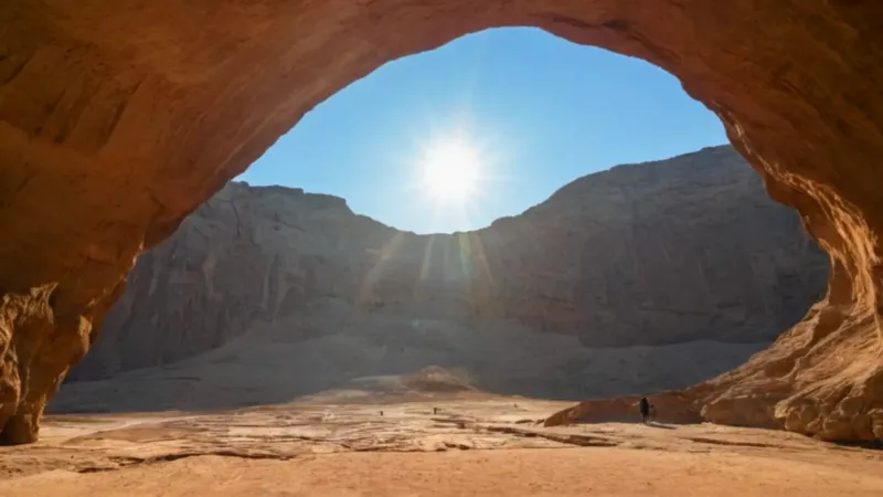 Una silueta contempla el valle desde la cueva