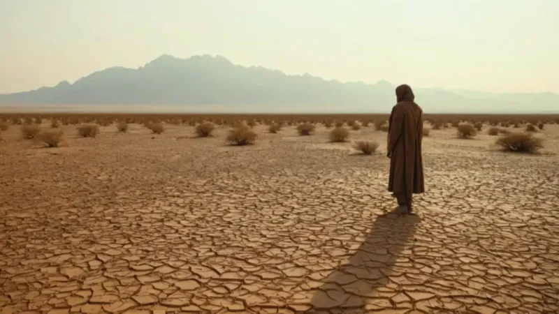Hombre rendido en el desierto desolado