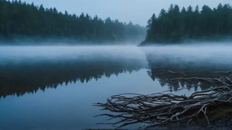 Solitaria figura en la niebla del río