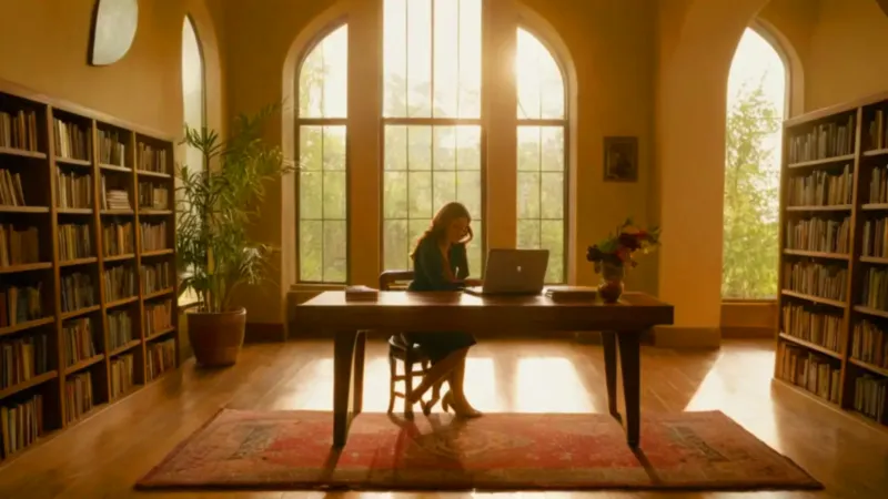Una mujer estudia en una biblioteca iluminada