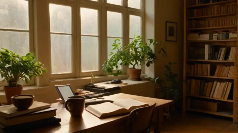 Una figura trabaja en un estudio soleado
