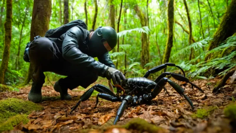 Un escorpión negro reposa sobre un brazo