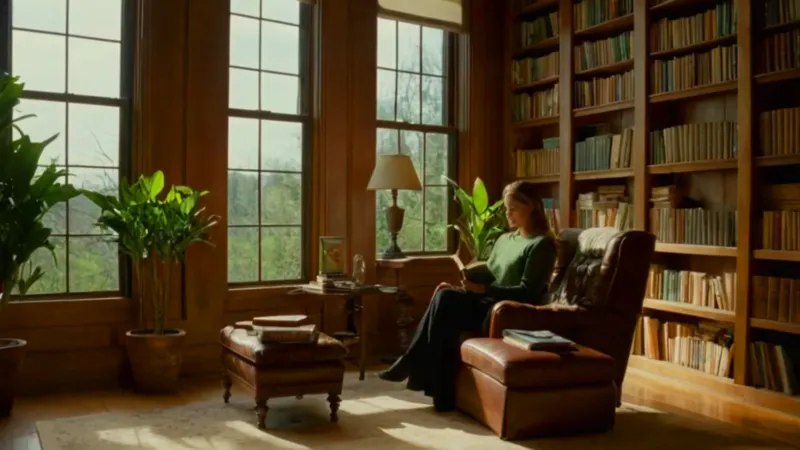 Mujer lee en una biblioteca soleada