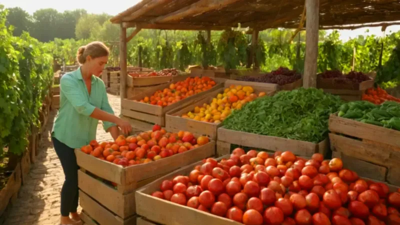Puesto de mercado con productos frescos