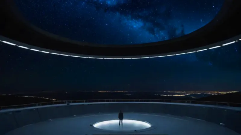 Figura levita en observatorio bajo las estrellas