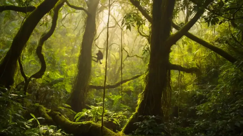 Un hombre empequeñecido por la vasta selva
