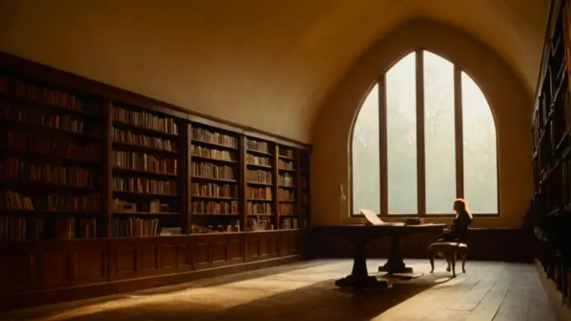Un lector solitario en una vasta biblioteca