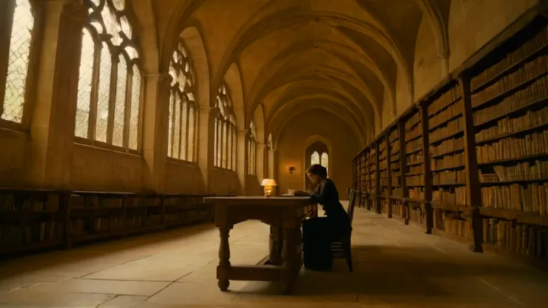 Una figura lee en la vasta biblioteca