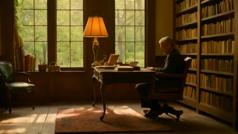 Hombre absorto entre libros y luz