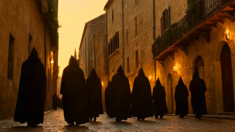 Solemne procesión de encapuchados entre sombras