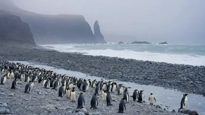 Desolada costa polar con pingüinos