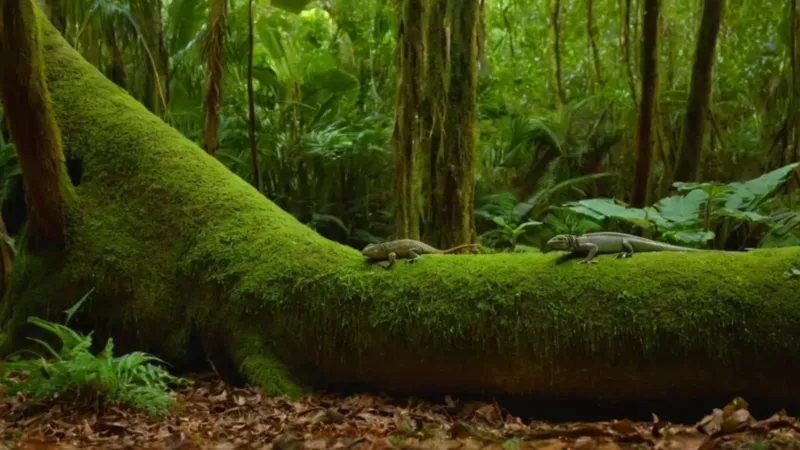 Mujer solitaria en la selva iluminada