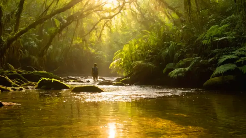 Un ser rodeado de peces en la selva