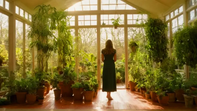 Mujer a contraluz rodeada de plantas