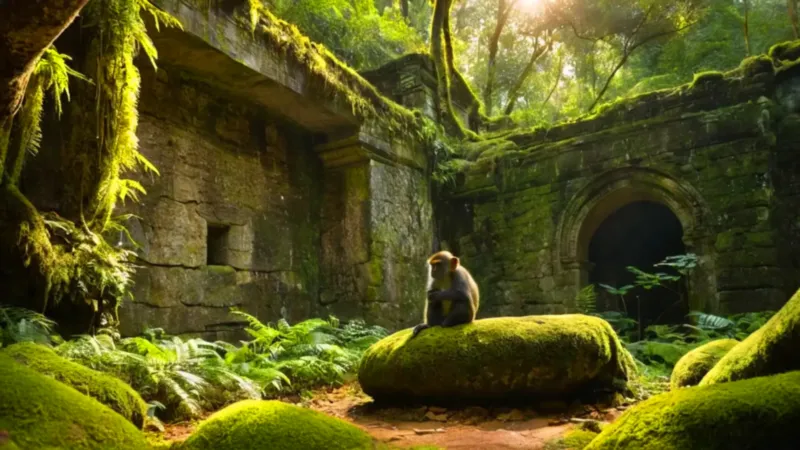 Figura solitaria entre ruinas de la jungla
