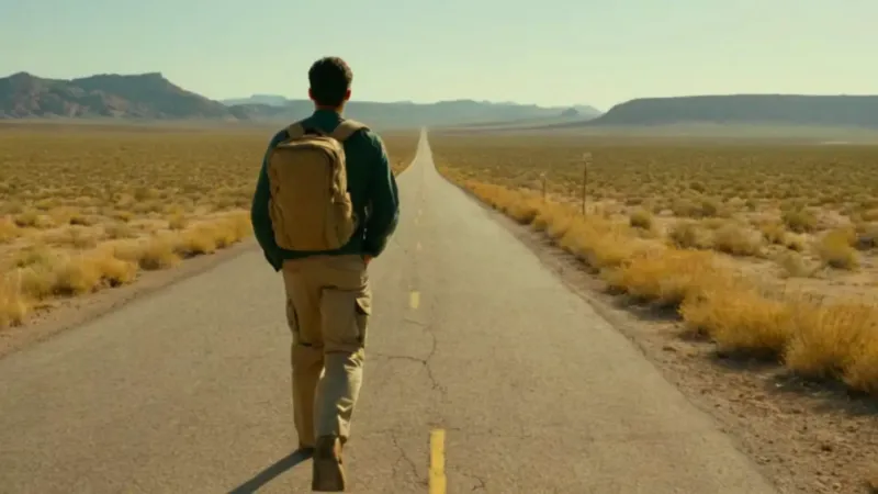 Un hombre solitario camina hacia el horizonte