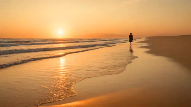 Figura solitaria en la playa al atardecer