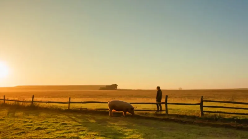 Un granjero observa su cerdo al atardecer