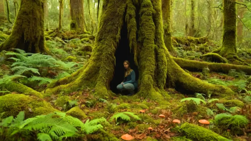 Figura arrodillada contempla hongos luminosos en el bosque