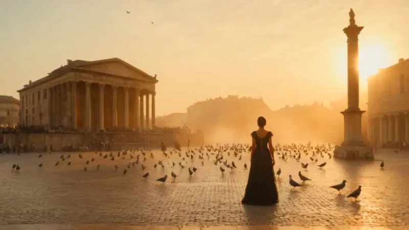 Mujer contempla palomas volar en la plaza