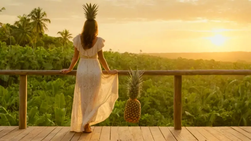Mujer en un piñal durante el atardecer