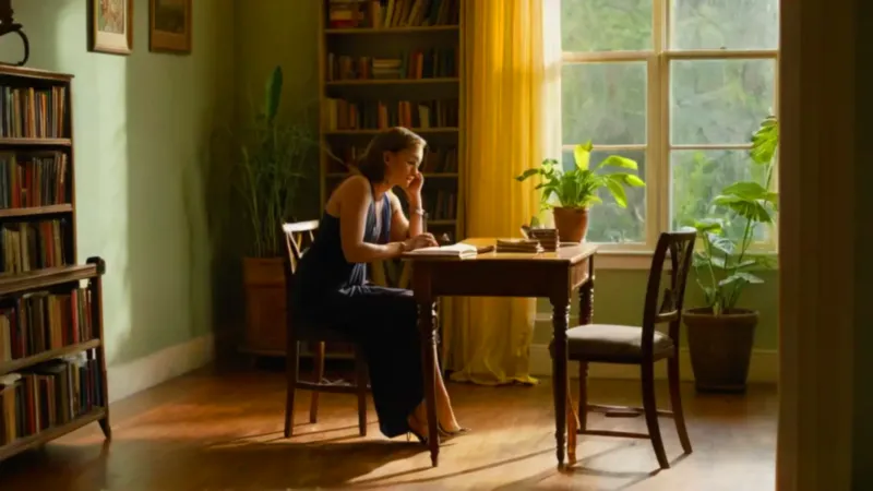 Mujer contempla un plátano sobre su escritorio
