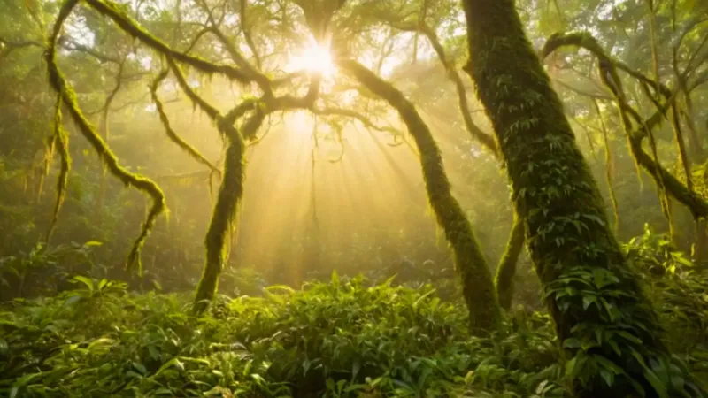Una figura observa loros en la selva