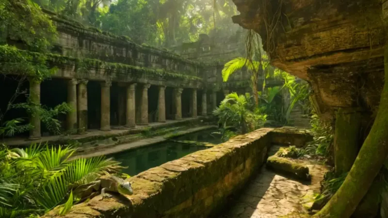 Figura solitaria entre ruinas y selva