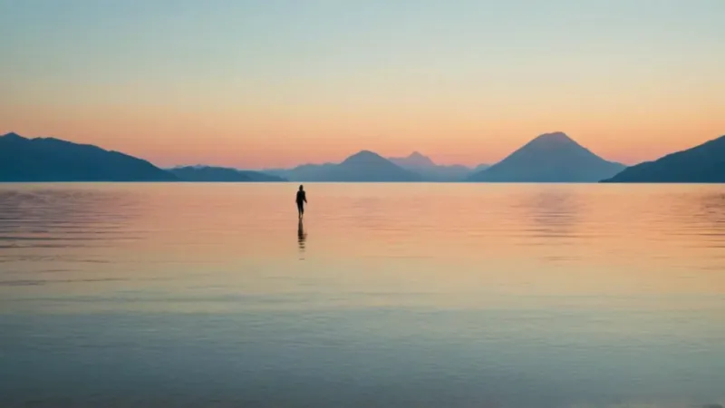 Una silueta camina sobre el cielo reflejado