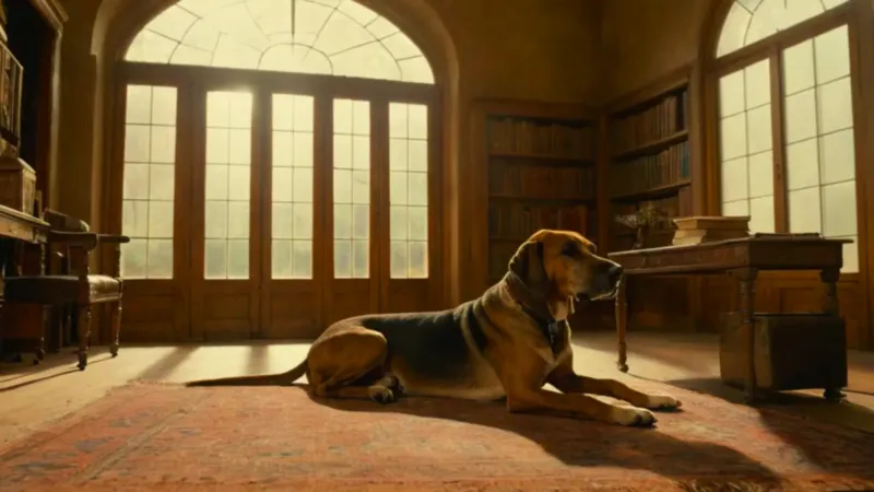 Hombre y perro en una quieta biblioteca