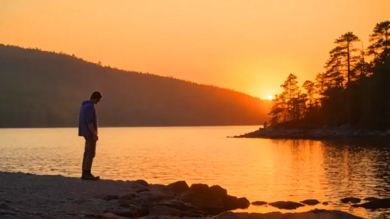 Hombre contempla el atardecer junto al lago
