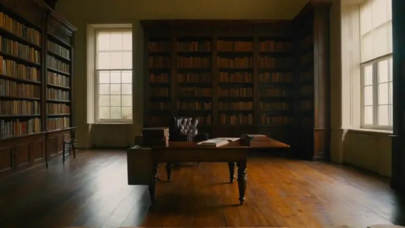 Una vasta biblioteca soleada con una figura