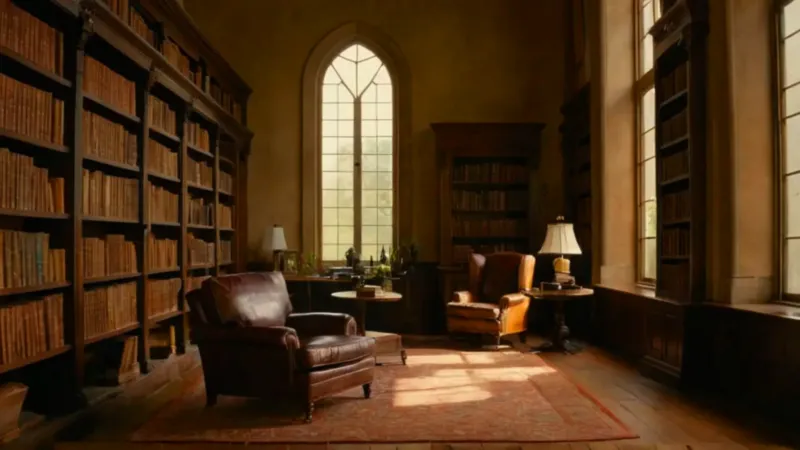 Majestuosa biblioteca bañada en luz dorada