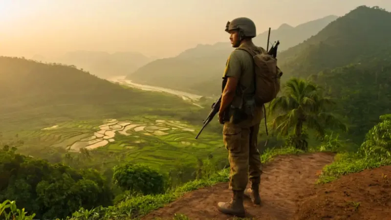 Soldado observa el valle al atardecer