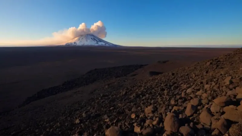 Figura solitaria ante un inmenso volcán