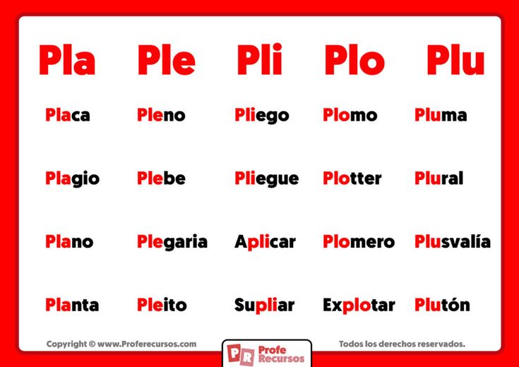 palabras con pla ple pli plo plu lista y oraciones