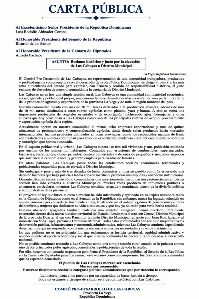 Las Cabuyas solicita ser Distrito Municipal.