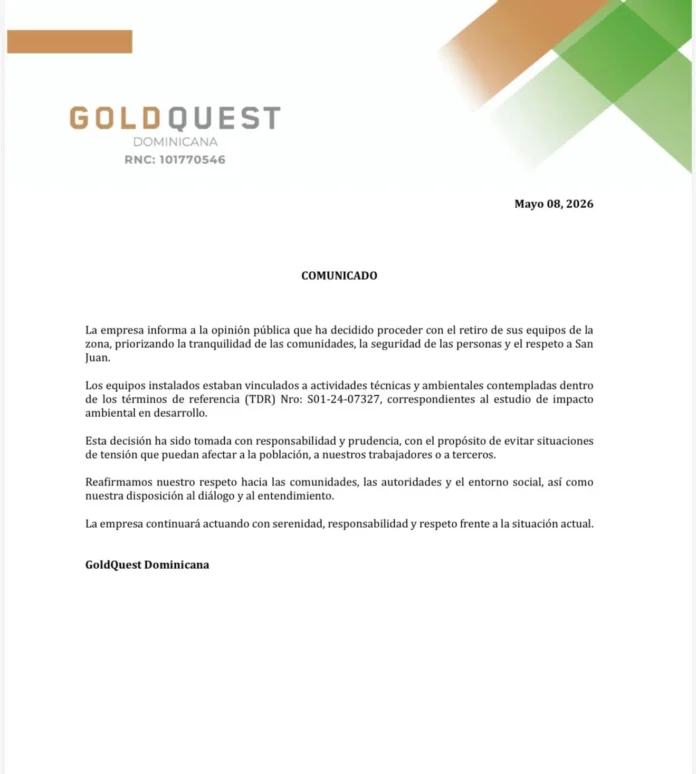 GoldQuest retira equipos por seguridad comunitaria