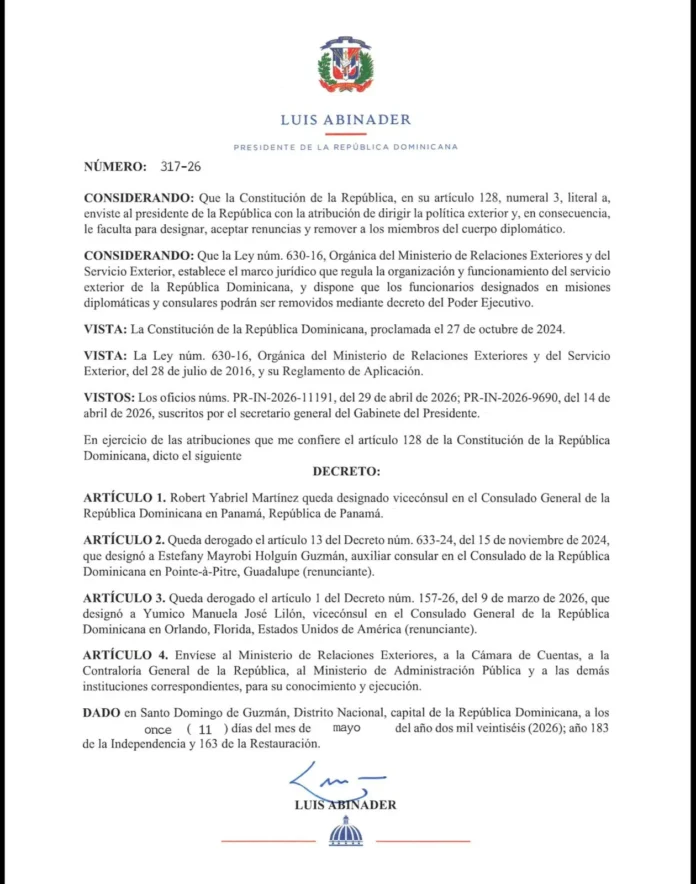 Luis Abinader designa vicecónsul en Panamá.