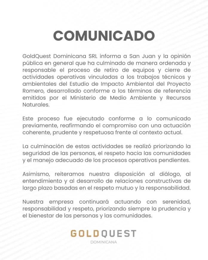GoldQuest concluye trabajos del Proyecto Romero.