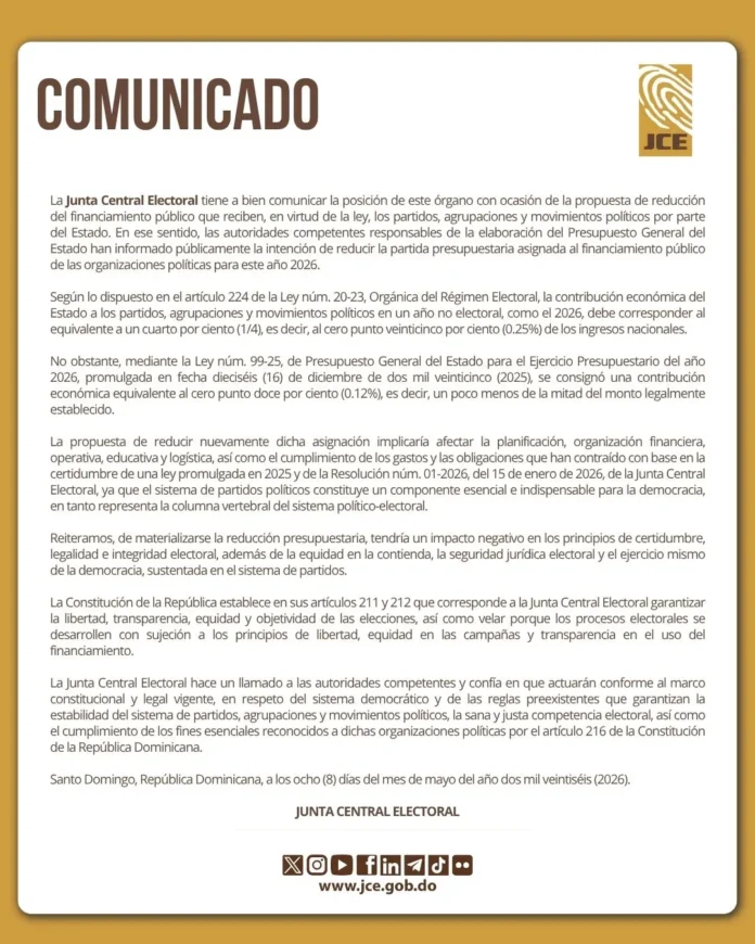JCE advierte sobre reducción de fondos políticos