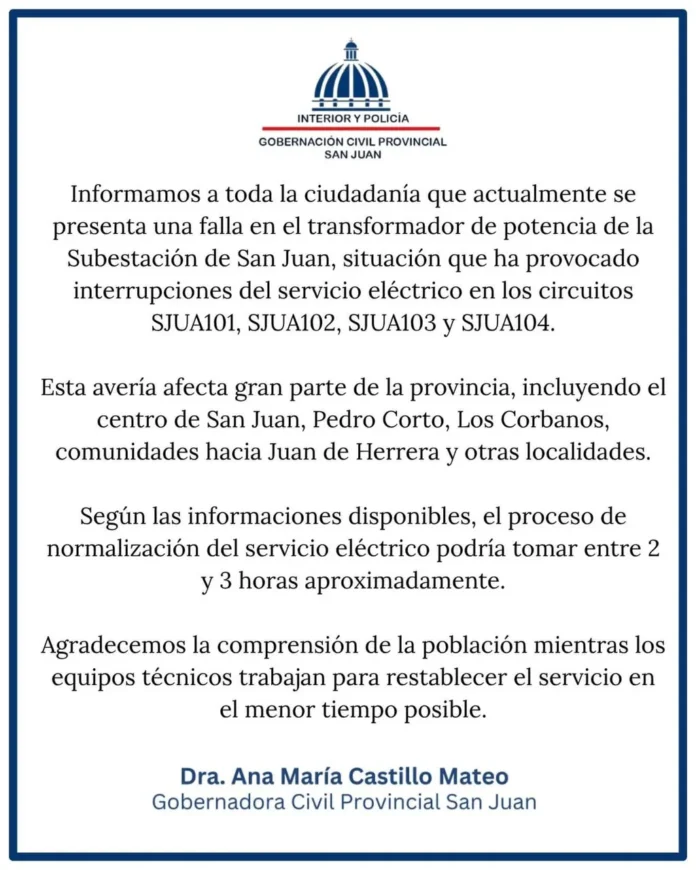 Apagón prolongado en San Juan, RD.