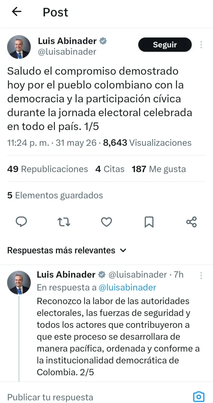 Abinader elogia democracia electoral en Colombia.